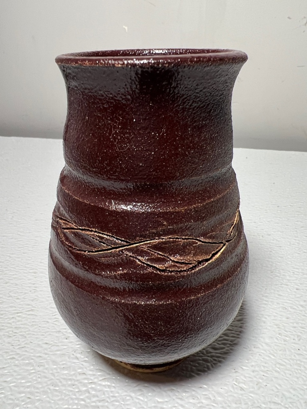 Handcrafted Brown Pottery Vase with Textured Band Artist Mark on Bottom